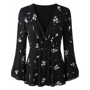 Free People Black Floral Midi Dress with White Print